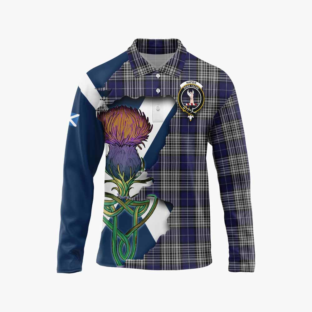 Napier Tartan Family Crest Long Sleeve Polo Shirt Scottish Thistle Celtic Inspired Unisex - Tartan Vibes Clothing