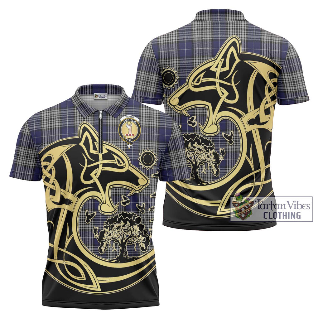 Napier Tartan Zipper Polo Shirt with Family Crest Celtic Wolf Style Unisex - Tartanvibesclothing Shop