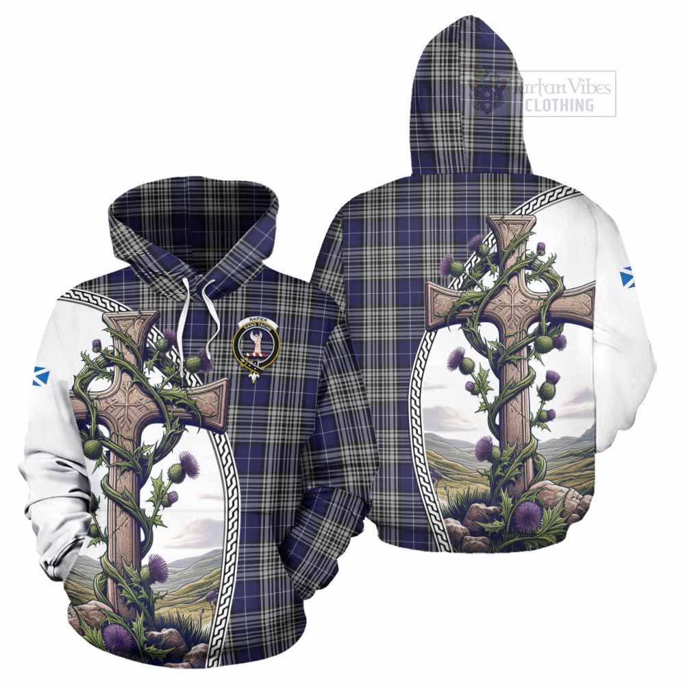 Tartan Vibes Clothing Napier Tartan Hoodie with Family Crest and St. Andrew's Cross Accented by Thistle Vines