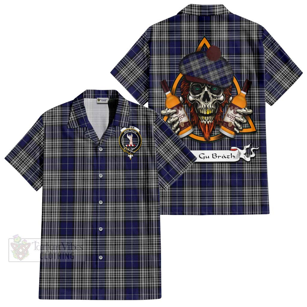 Tartan Vibes Clothing Napier Tartan Short Sleeve Button Shirt with Family Crest and Bearded Skull Holding Bottles of Whiskey