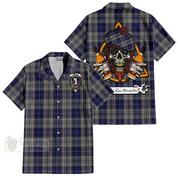 Napier Tartan Short Sleeve Button Shirt with Family Crest and Bearded Skull Holding Bottles of Whiskey