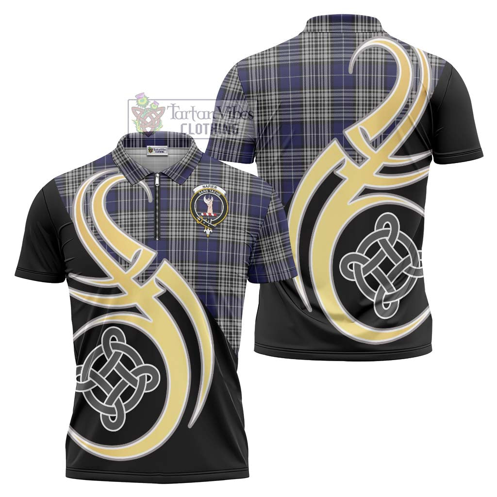 Tartan Vibes Clothing Napier Tartan Zipper Polo Shirt with Family Crest and Celtic Symbol Style