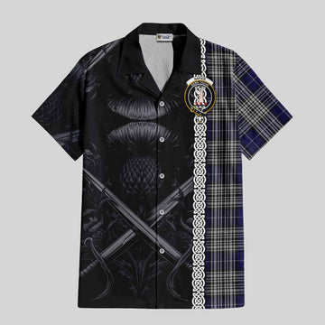 Napier Tartan Short Sleeve Button Shirt with Family Crest Cross Sword Thistle Celtic Vibes