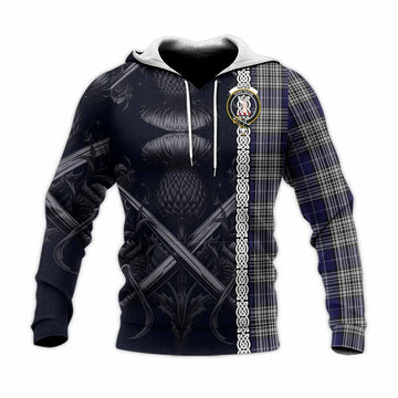 Napier Tartan Knitted Hoodie with Family Crest Cross Sword Thistle Celtic Vibes