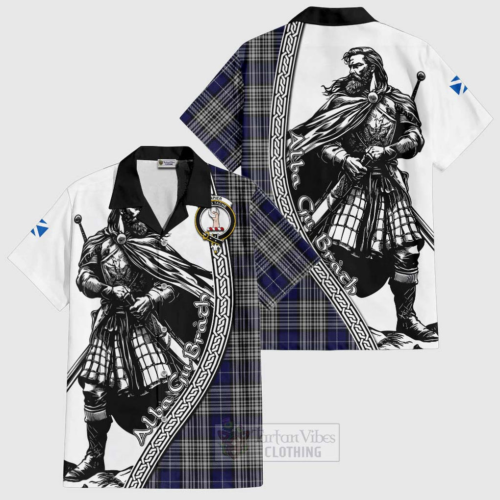 Tartan Vibes Clothing Napier Tartan Clan Crest Short Sleeve Button Shirt with Highlander Warrior Celtic Style