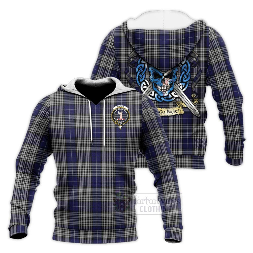 Tartan Vibes Clothing Napier Tartan Knitted Hoodie with Family Crest Celtic Skull Style