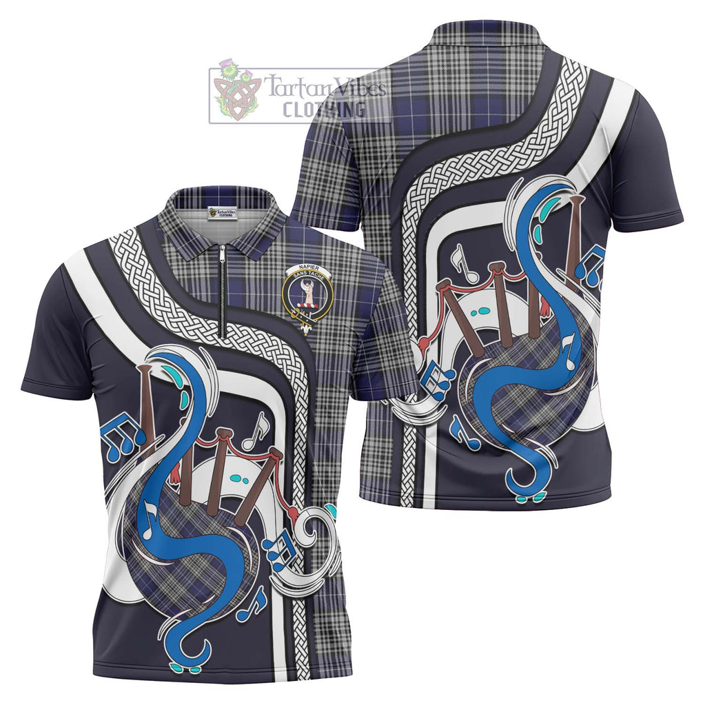 Napier Tartan Zipper Polo Shirt with Epic Bagpipe Style Unisex - Tartanvibesclothing Shop