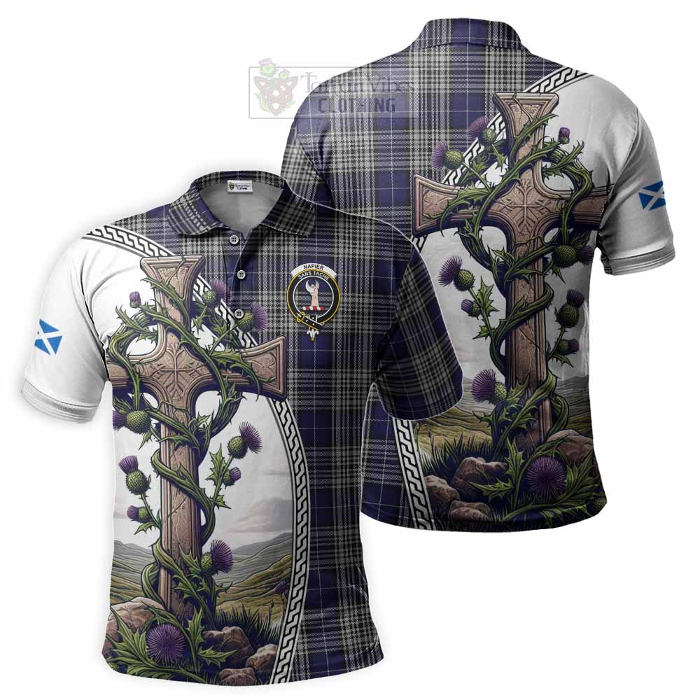 Tartan Vibes Clothing Napier Tartan Polo Shirt with Family Crest and St. Andrew's Cross Accented by Thistle Vines