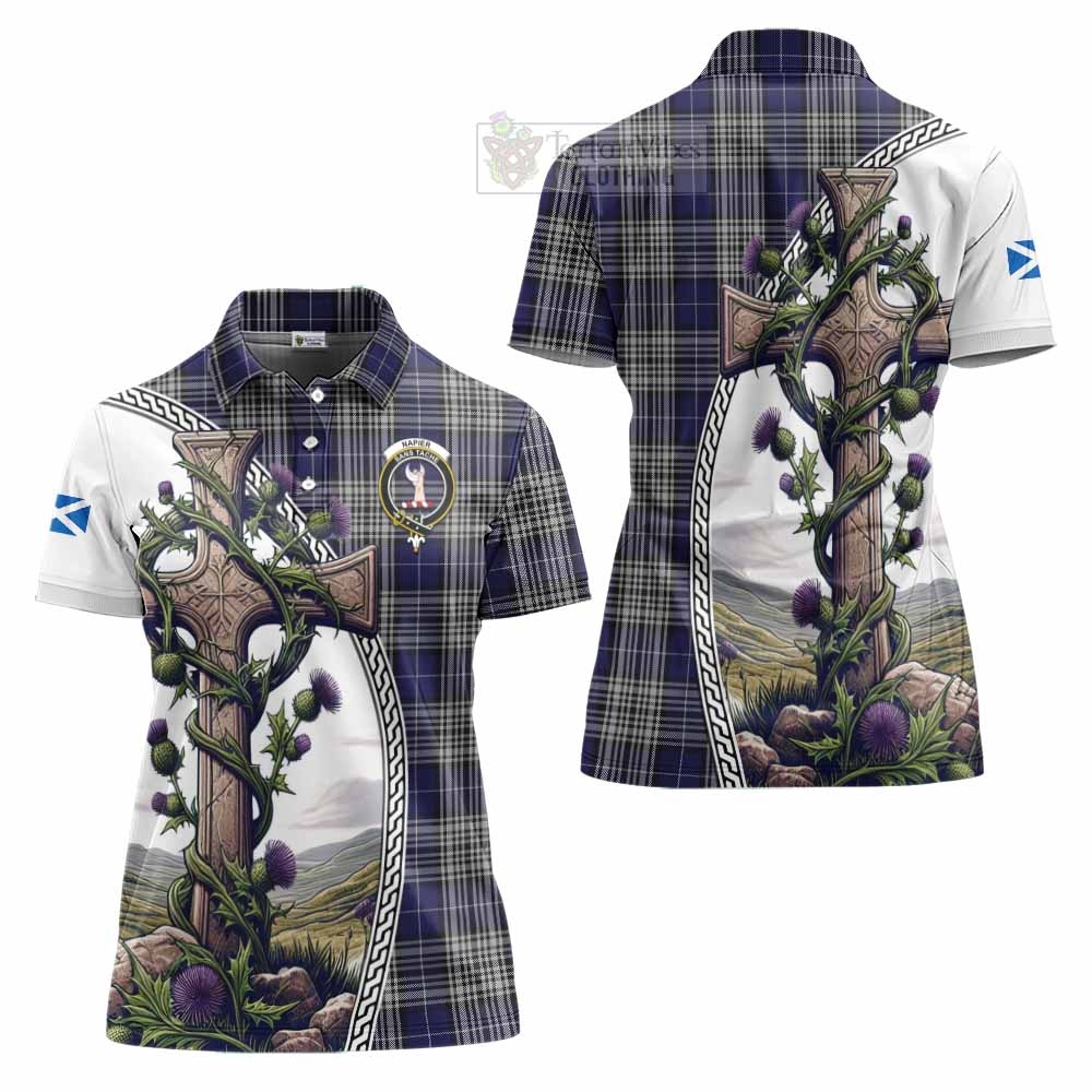 Tartan Vibes Clothing Napier Tartan Women's Polo Shirt with Family Crest and St. Andrew's Cross Accented by Thistle Vines