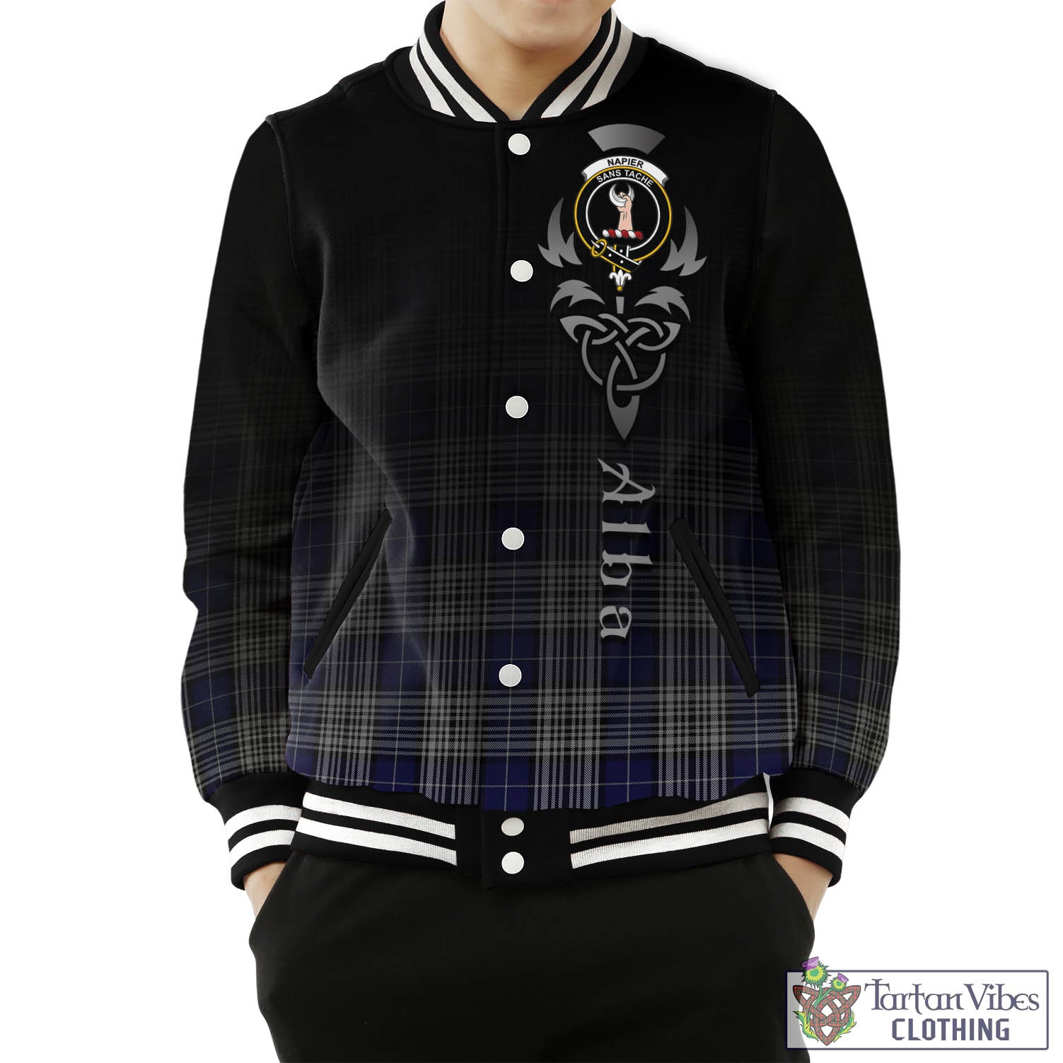 Tartan Vibes Clothing Napier Tartan Baseball Jacket Featuring Alba Gu Brath Family Crest Celtic Inspired