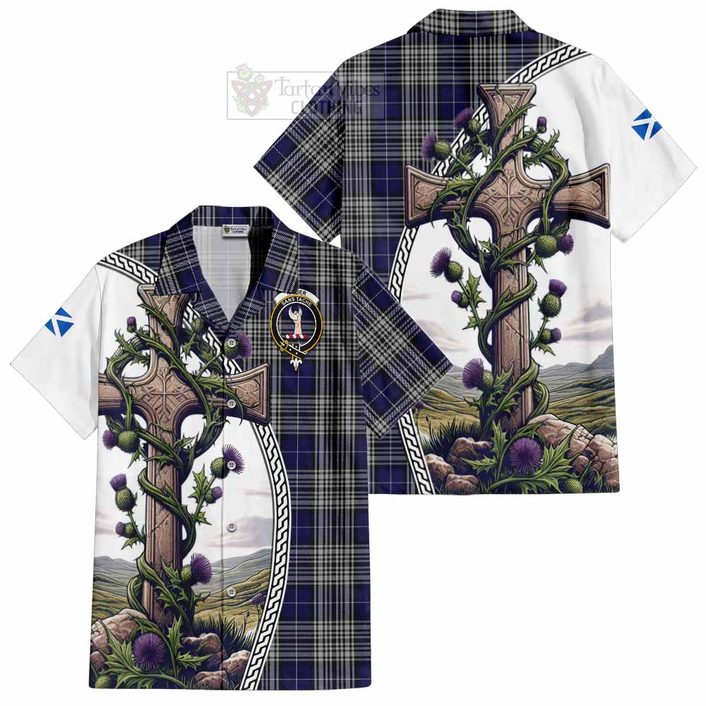 Tartan Vibes Clothing Napier Tartan Short Sleeve Button Shirt with Family Crest and St. Andrew's Cross Accented by Thistle Vines