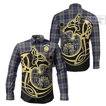 Napier Tartan Long Sleeve Button Shirt with Family Crest Celtic Wolf Style