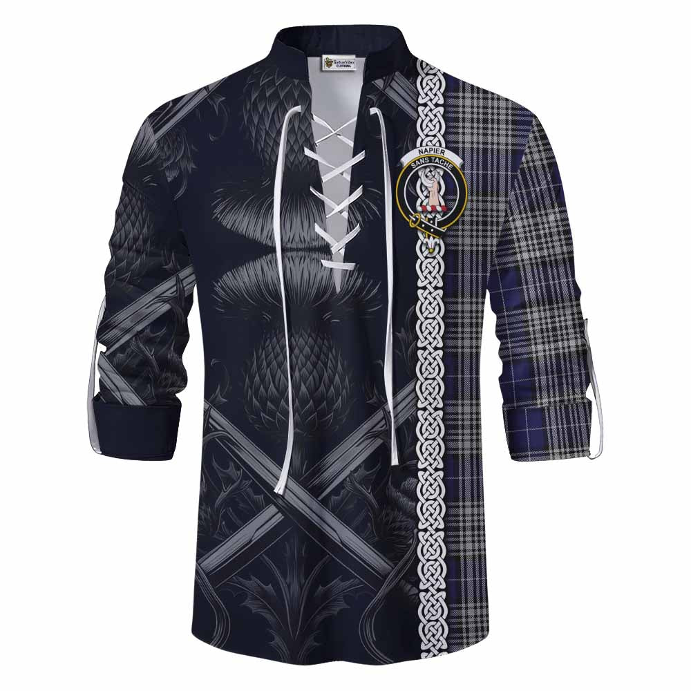 Tartan Vibes Clothing Napier Tartan Ghillie Kilt Shirt with Family Crest Cross Sword Thistle Celtic Vibes