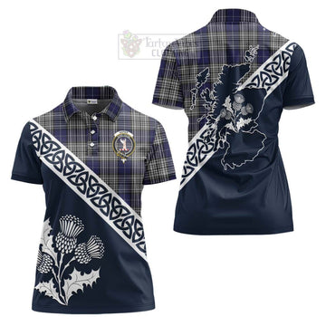 Napier Tartan Women's Polo Shirt Featuring Thistle and Scotland Map