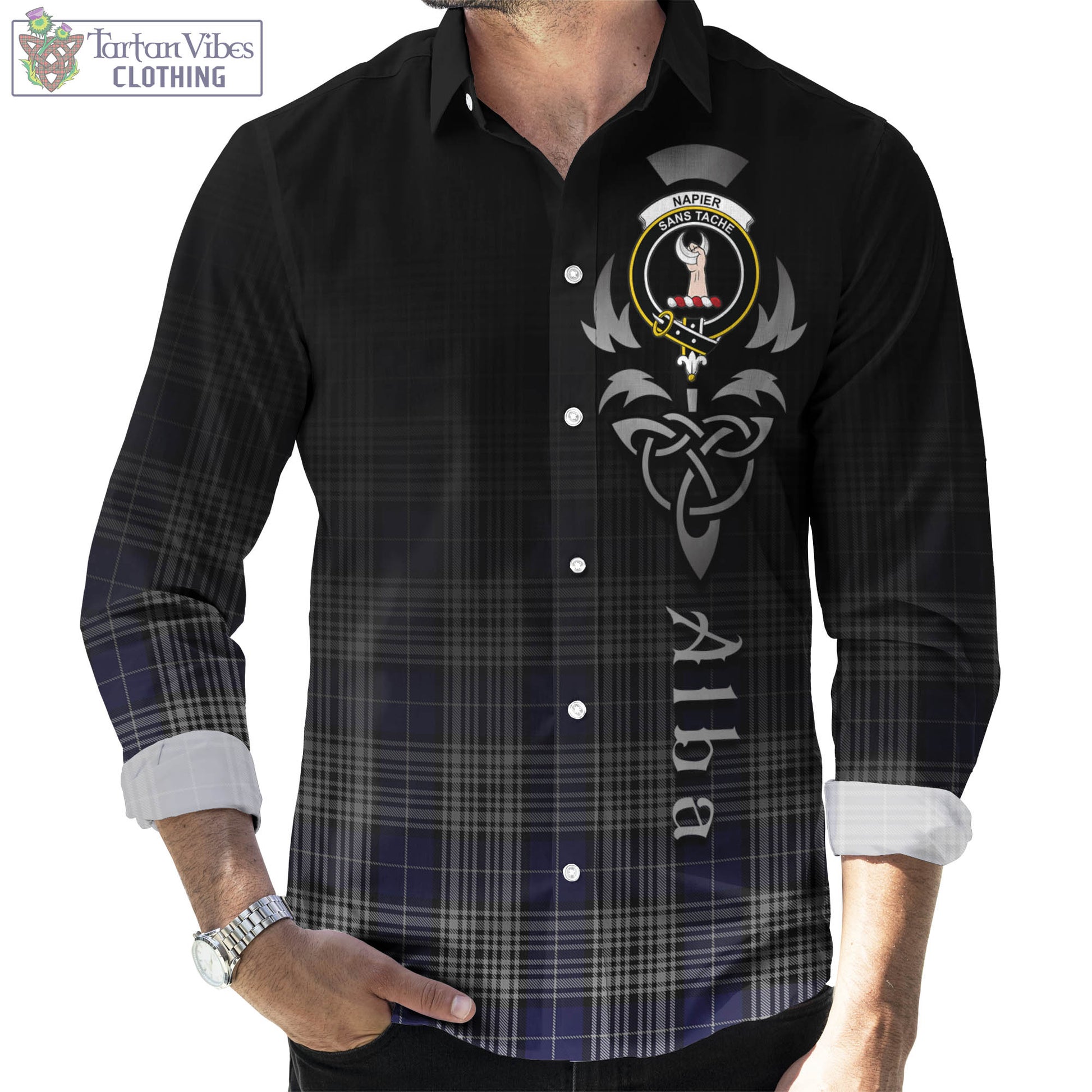 Tartan Vibes Clothing Napier Tartan Long Sleeve Button Up Featuring Alba Gu Brath Family Crest Celtic Inspired