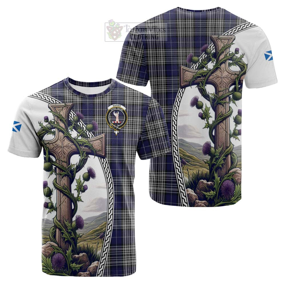 Tartan Vibes Clothing Napier Tartan Cotton T-shirt with Family Crest and St. Andrew's Cross Accented by Thistle Vines