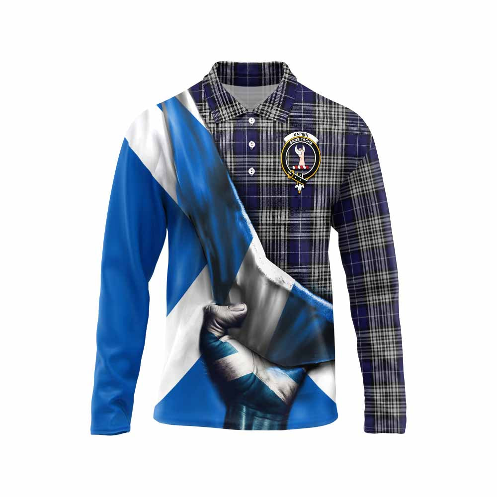 Tartan Vibes Clothing Napier Tartan Long Sleeve Polo Shirt with Family Crest Scotland Patriotic Style