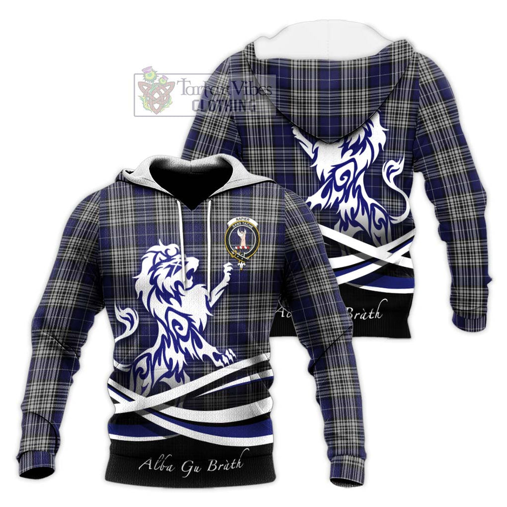 Napier Tartan Knitted Hoodie with Alba Gu Brath Regal Lion Emblem Unisex Knitted Pullover Hoodie - Tartanvibesclothing Shop