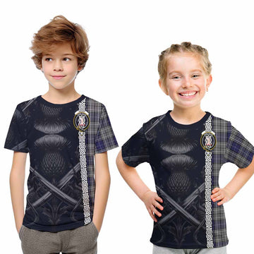 Napier Tartan Kid T-Shirt with Family Crest Cross Sword Thistle Celtic Vibes