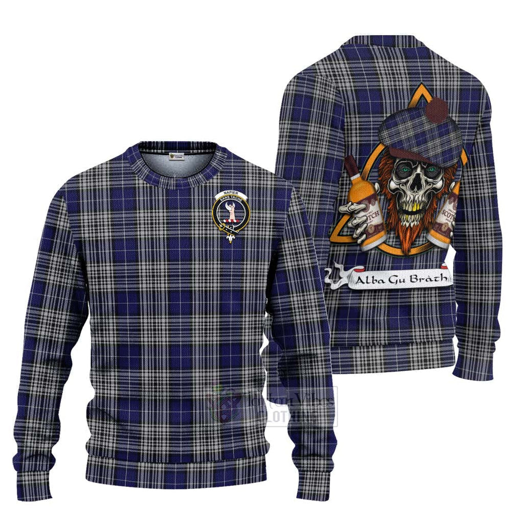 Tartan Vibes Clothing Napier Tartan Knitted Sweater with Family Crest and Bearded Skull Holding Bottles of Whiskey