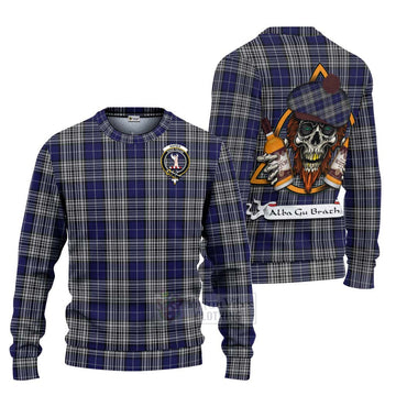 Napier Tartan Ugly Sweater with Family Crest and Bearded Skull Holding Bottles of Whiskey