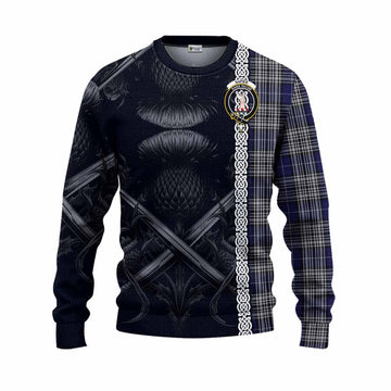 Napier Tartan Knitted Sweater with Family Crest Cross Sword Thistle Celtic Vibes