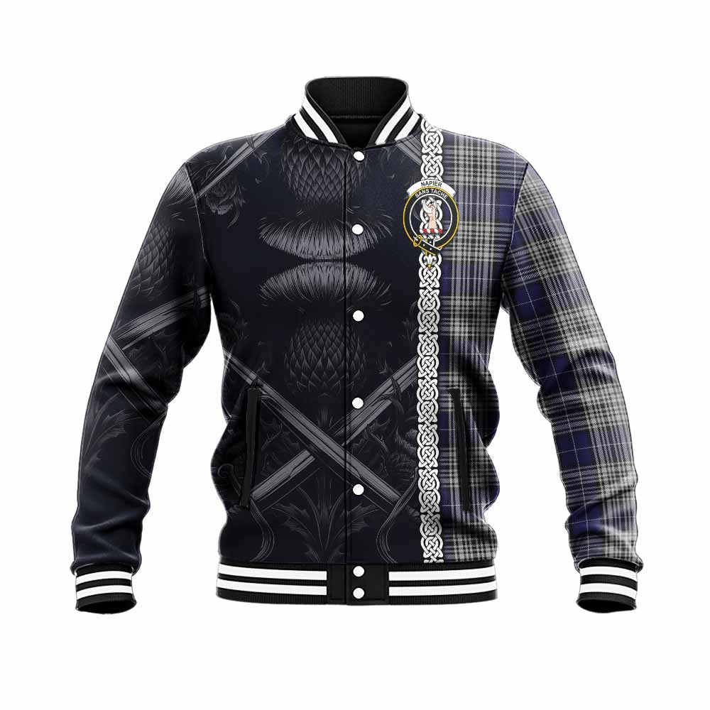 Tartan Vibes Clothing Napier Tartan Baseball Jacket with Family Crest Cross Sword Thistle Celtic Vibes