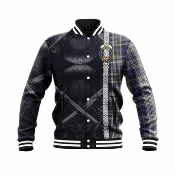 Napier Tartan Baseball Jacket with Family Crest Cross Sword Thistle Celtic Vibes