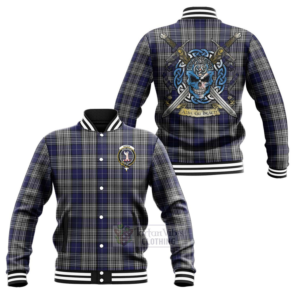 Tartan Vibes Clothing Napier Tartan Baseball Jacket with Family Crest Celtic Skull Style