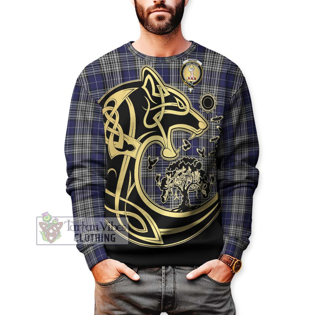 Napier Tartan Sweatshirt with Family Crest Celtic Wolf Style Unisex - Tartan Vibes Clothing