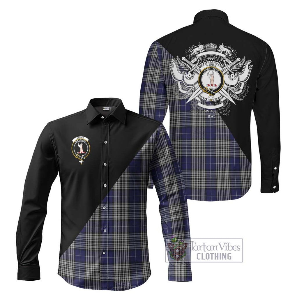 Napier Tartan Long Sleeve Button Shirt with Family Crest and Military Logo Style Men's Shirt S - Tartanvibesclothing Shop