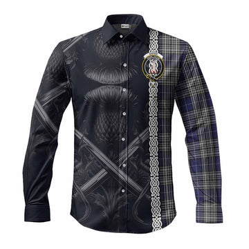 Napier Tartan Long Sleeve Button Shirt with Family Crest Cross Sword Thistle Celtic Vibes