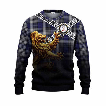 Napier Crest Tartan Knitted Sweater with Golden Lion Emblem Celtic Style Unisex - Tartan Vibes Clothing