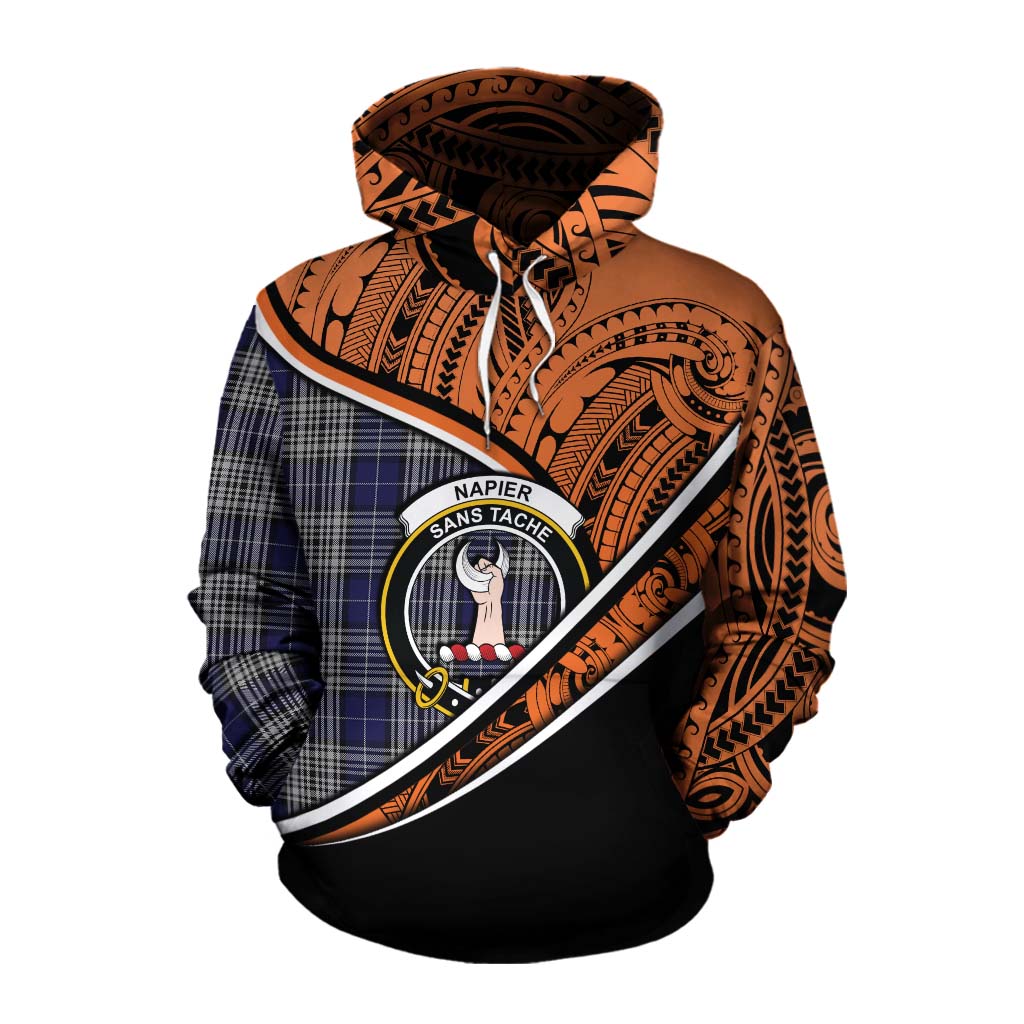 Tartan Vibes Clothing Napier Crest Tartan Cotton Hoodie with Maori Tattoo Style - Orange Version