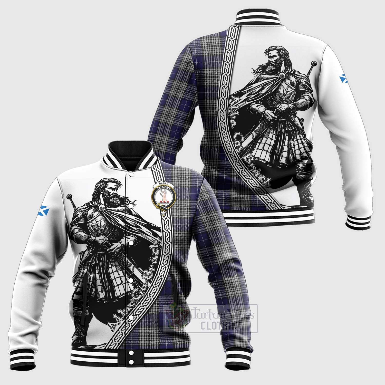 Tartan Vibes Clothing Napier Tartan Clan Crest Baseball Jacket with Highlander Warrior Celtic Style