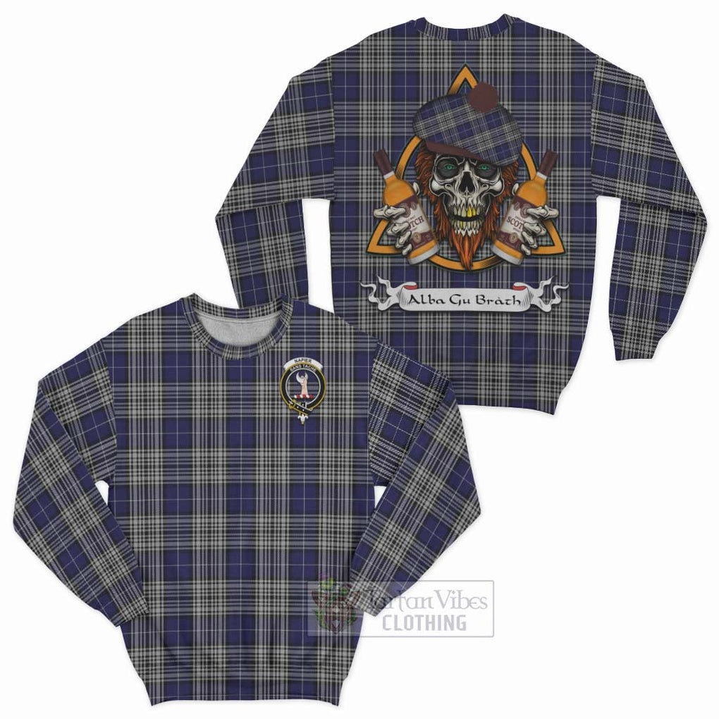 Tartan Vibes Clothing Napier Tartan Sweatshirt with Family Crest and Bearded Skull Holding Bottles of Whiskey