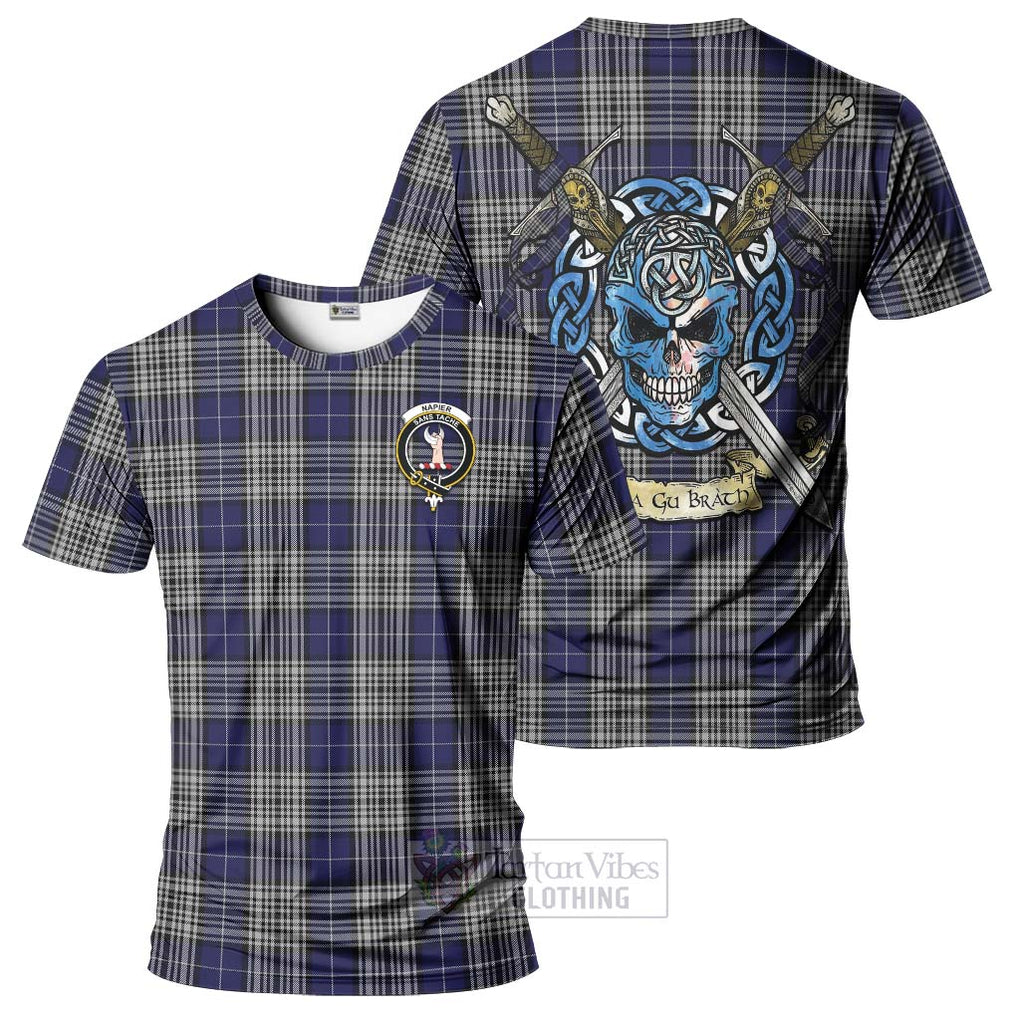 Tartan Vibes Clothing Napier Tartan T-Shirt with Family Crest Celtic Skull Style