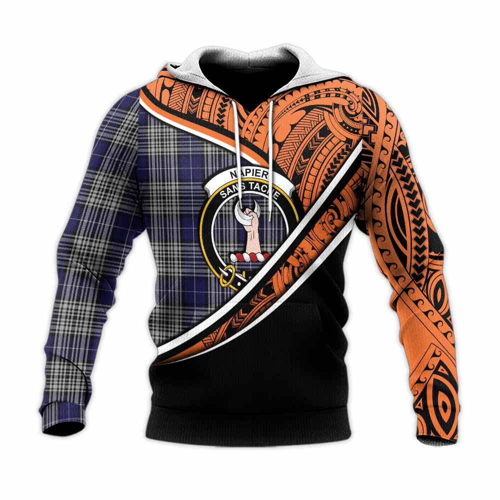 Tartan Vibes Clothing Napier Crest Tartan Knitted Hoodie with Maori Tattoo Style - Orange Version