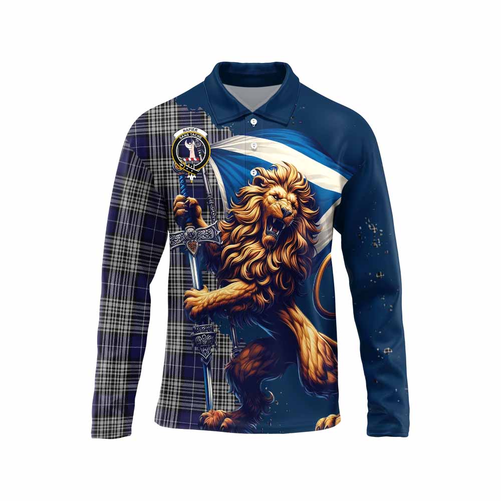 Tartan Vibes Clothing Napier Tartan Family Crest Long Sleeve Polo Shirt with Scottish Majestic Lion