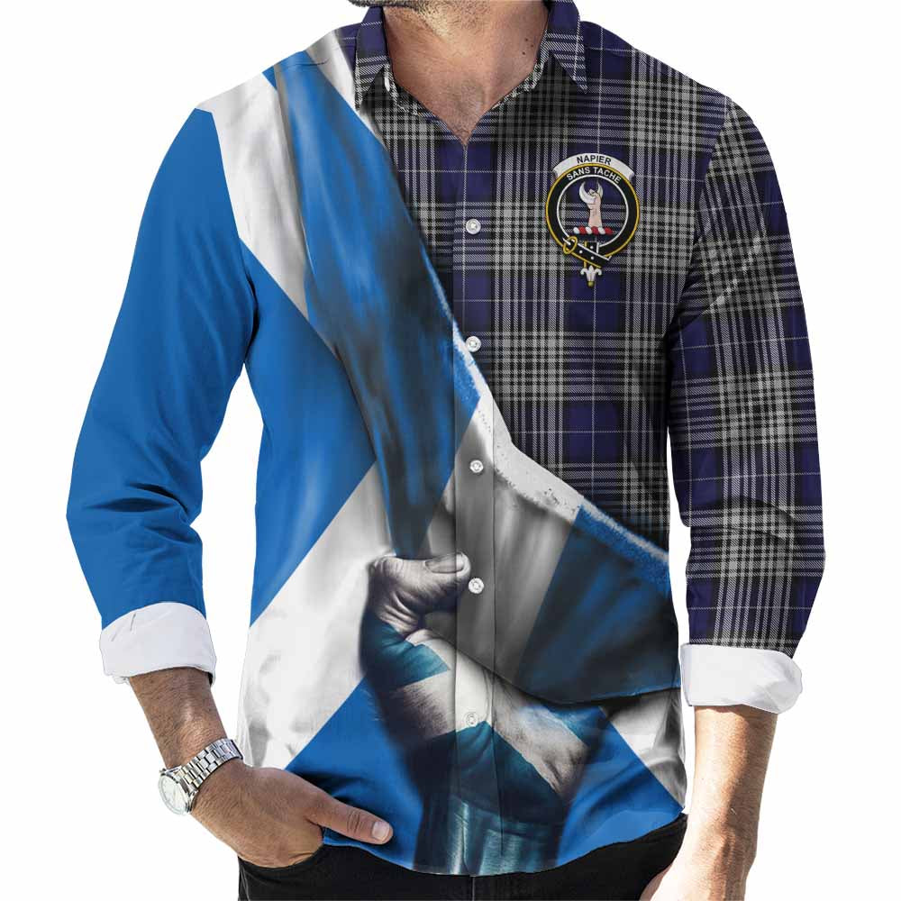 Tartan Vibes Clothing Napier Tartan Long Sleeve Button Shirt with Family Crest Scotland Patriotic Style