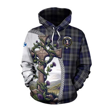Napier Tartan Cotton Hoodie with Family Crest and St. Andrew's Cross Accented by Thistle Vines Pullover Hoodie XS - Tartan Vibes Clothing