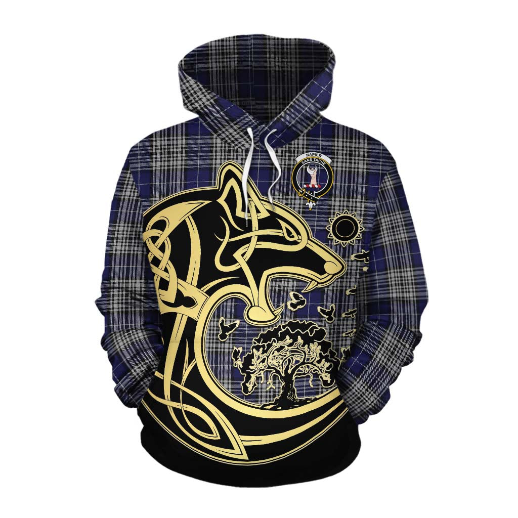 Tartan Vibes Clothing Napier Tartan Cotton Hoodie with Family Crest Celtic Wolf Style