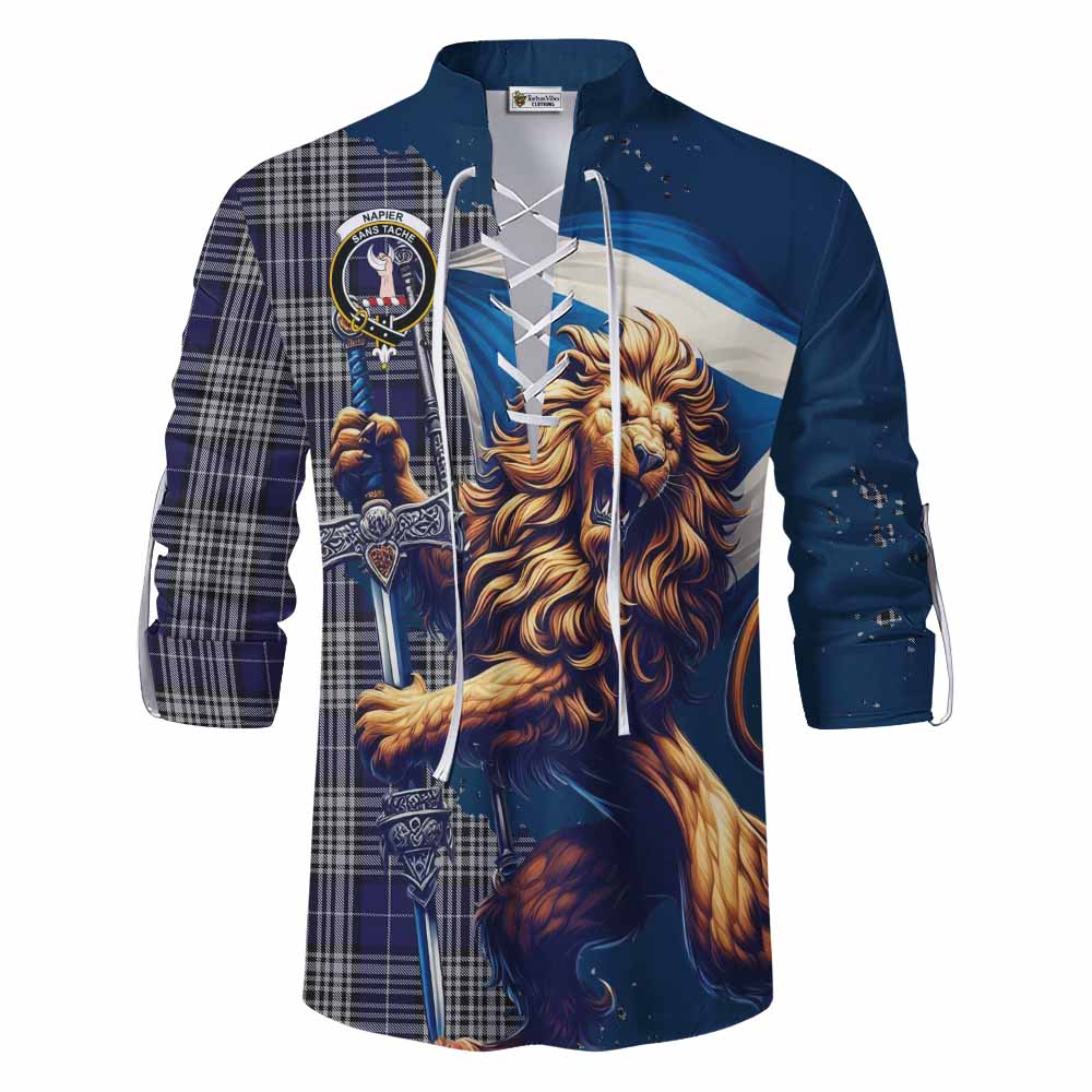 Tartan Vibes Clothing Napier Tartan Family Crest Ghillie Kilt Shirt with Scottish Majestic Lion