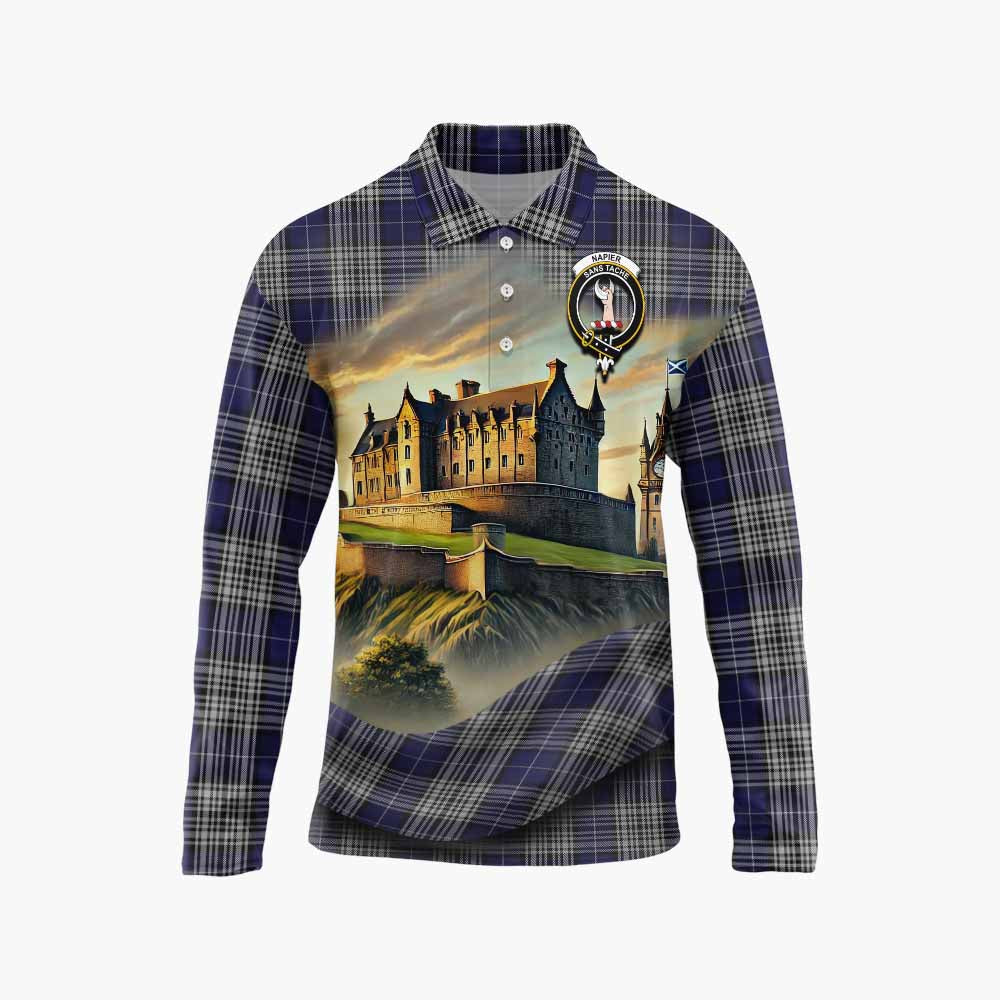 Napier Tartan Family Crest Long Sleeve Polo Shirt with Scottish Ancient Castle Style Unisex - Tartan Vibes Clothing