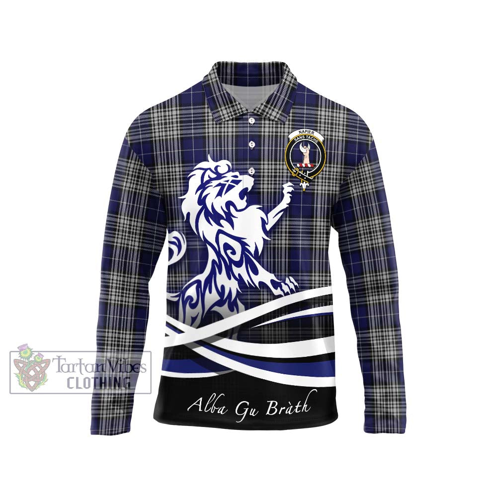 Napier Tartan Long Sleeve Polo Shirt with Alba Gu Brath Regal Lion Emblem Unisex - Tartanvibesclothing Shop