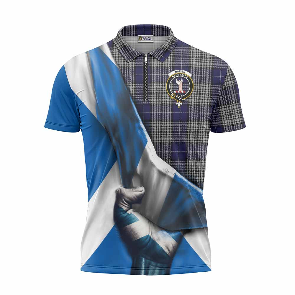 Tartan Vibes Clothing Napier Tartan Zipper Polo Shirt with Family Crest Scotland Patriotic Style