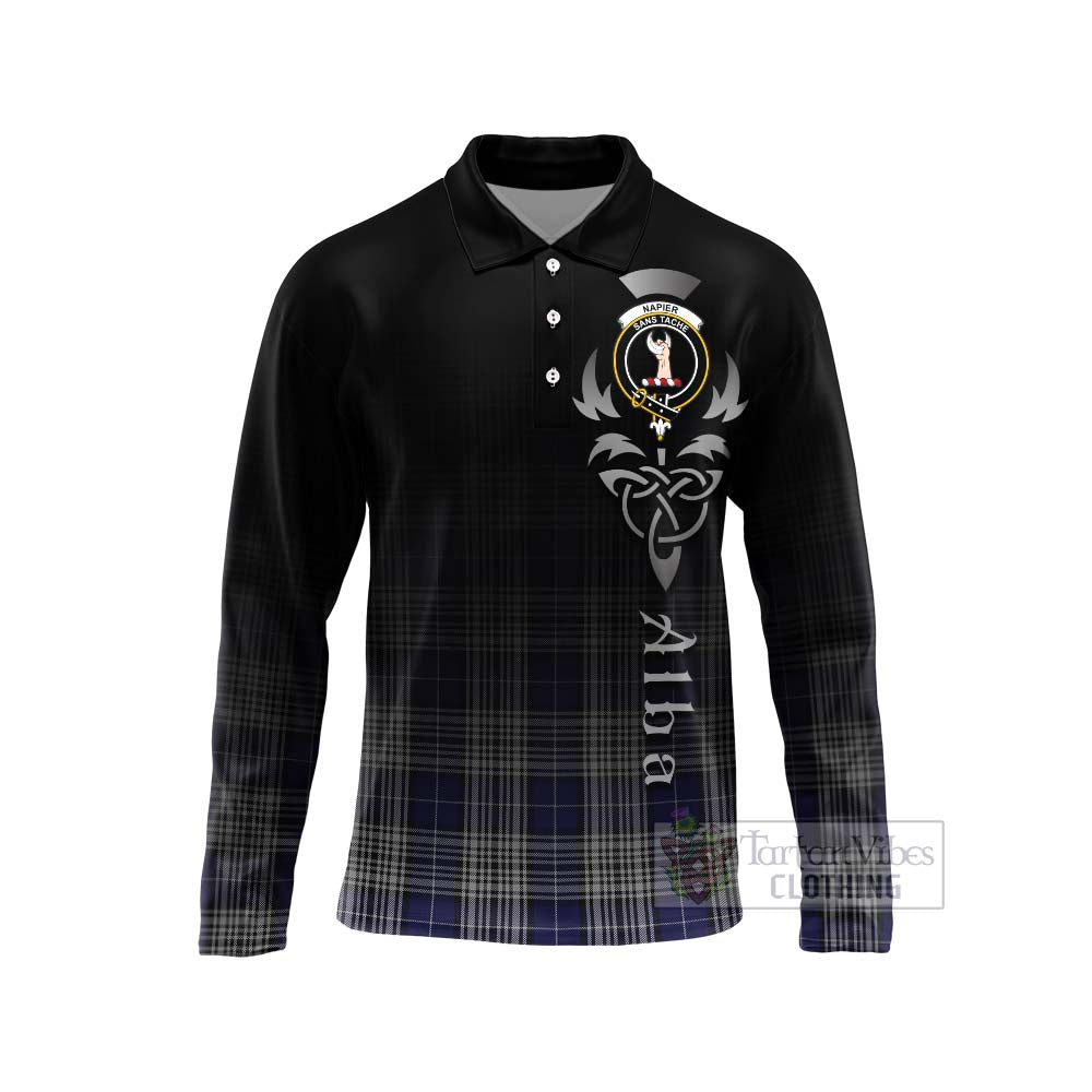 Tartan Vibes Clothing Napier Tartan Long Sleeve Polo Shirt Featuring Alba Gu Brath Family Crest Celtic Inspired