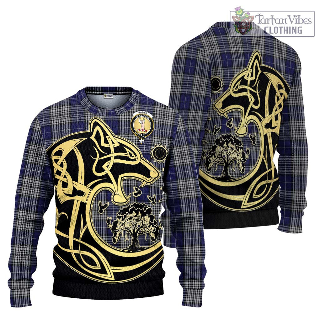 Napier Tartan Knitted Sweater with Family Crest Celtic Wolf Style Unisex - Tartan Vibes Clothing