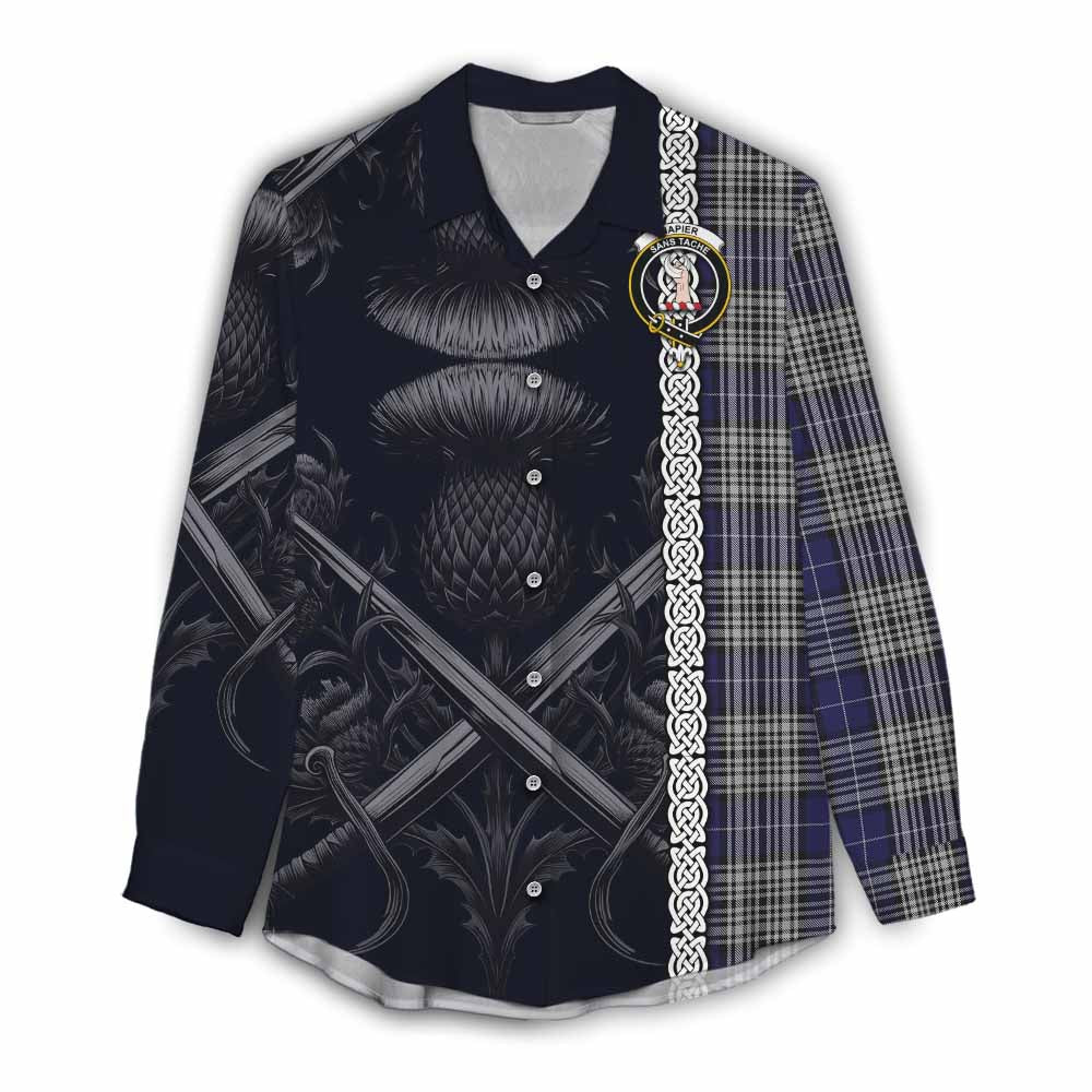 Tartan Vibes Clothing Napier Tartan Women's Casual Shirt with Family Crest Cross Sword Thistle Celtic Vibes