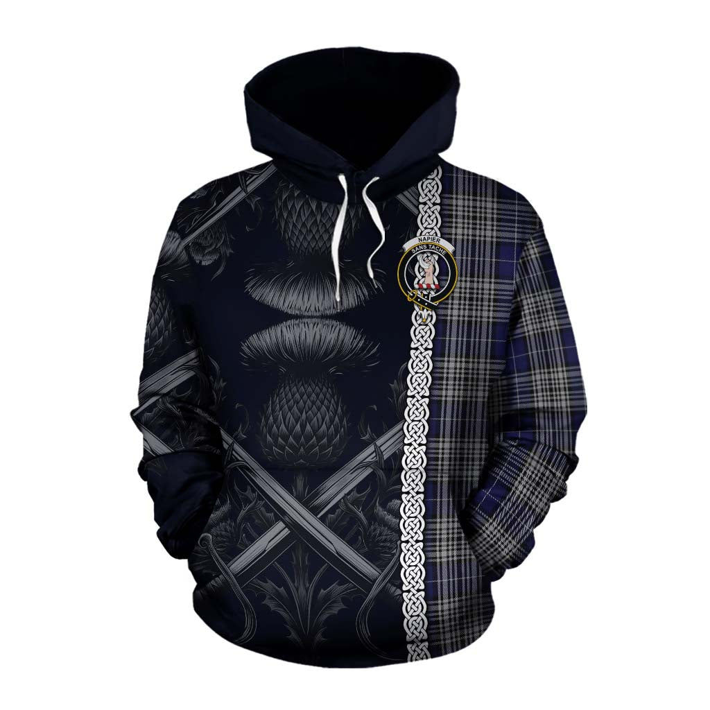 Tartan Vibes Clothing Napier Tartan Cotton Hoodie with Family Crest Cross Sword Thistle Celtic Vibes